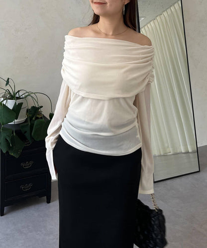 袖開叉透視天鵝絨一字肩上衣