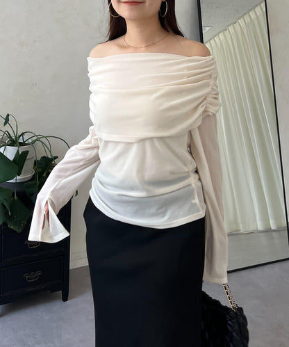 袖開叉透視天鵝絨一字肩上衣