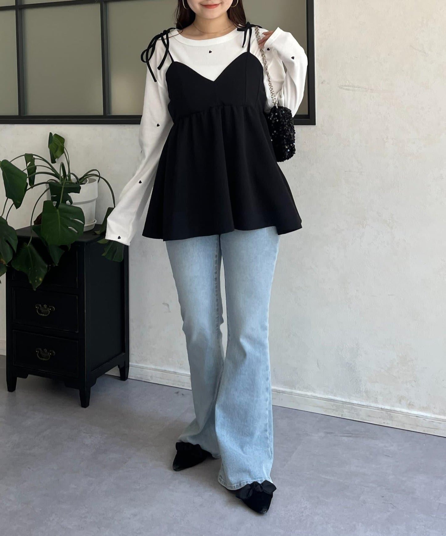 愛心刺繡羅紋長袖T恤