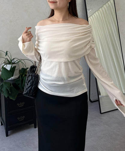 袖開叉透視天鵝絨一字肩上衣