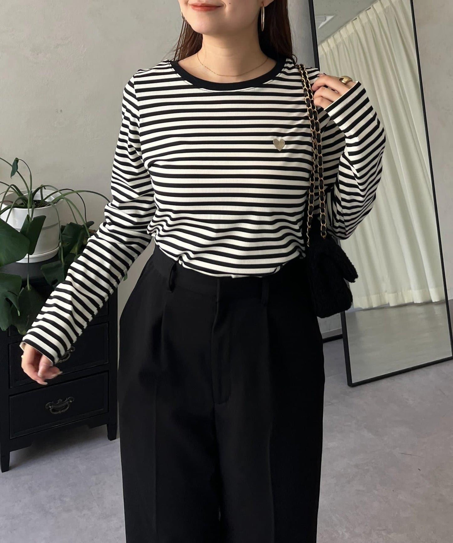 愛心刺繡條紋長袖T恤