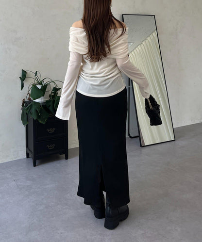 袖開叉透視天鵝絨一字肩上衣