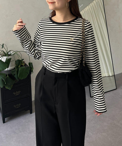 愛心刺繡條紋長袖T恤