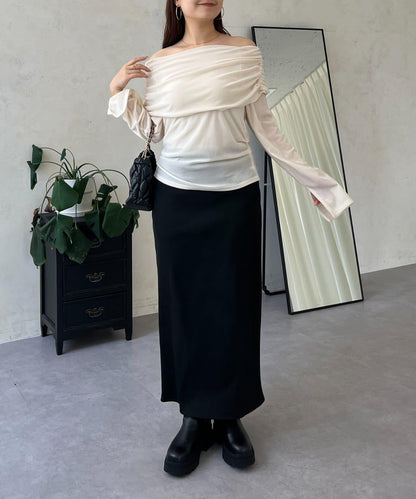 袖開叉透視天鵝絨一字肩上衣