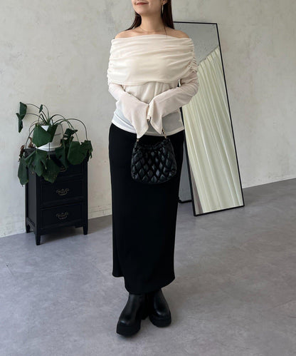 袖開叉透視天鵝絨一字肩上衣