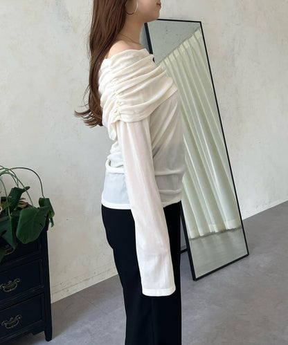袖開叉透視天鵝絨一字肩上衣