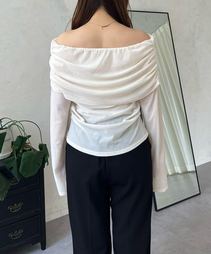 袖開叉透視天鵝絨一字肩上衣