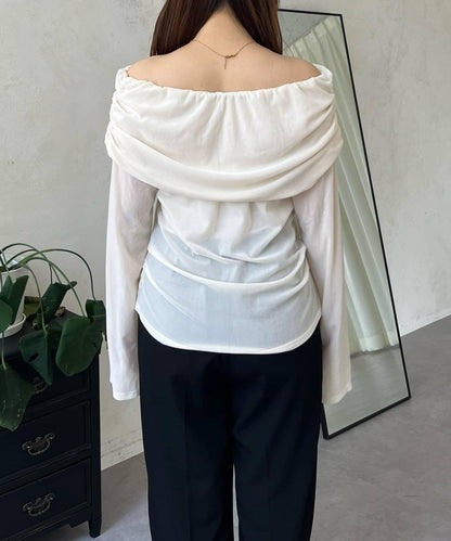 袖開叉透視天鵝絨一字肩上衣