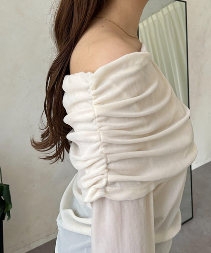 袖開叉透視天鵝絨一字肩上衣