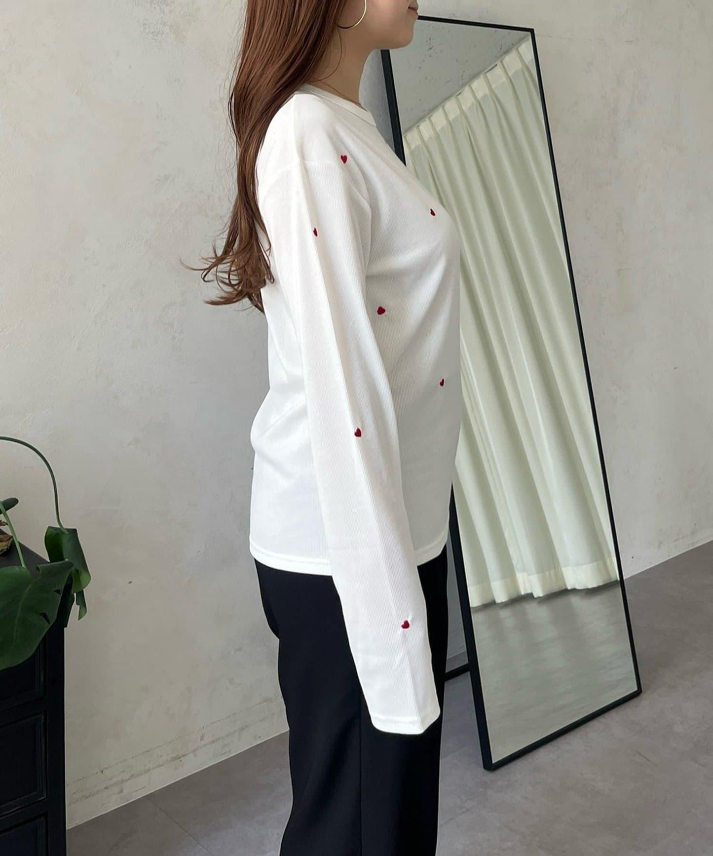 愛心刺繡羅紋長袖T恤