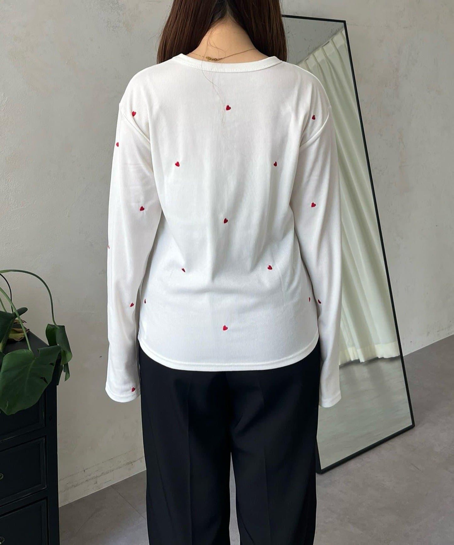 愛心刺繡羅紋長袖T恤