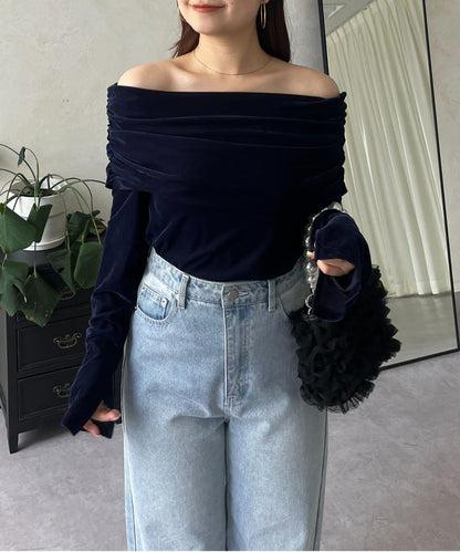 袖開叉透視天鵝絨一字肩上衣