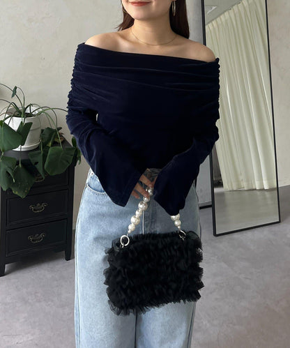 袖開叉透視天鵝絨一字肩上衣