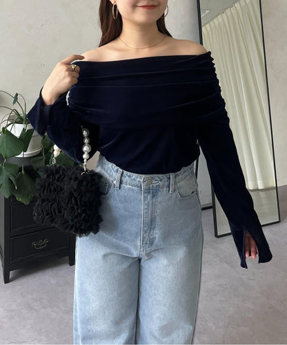 袖開叉透視天鵝絨一字肩上衣