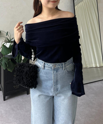 袖開叉透視天鵝絨一字肩上衣