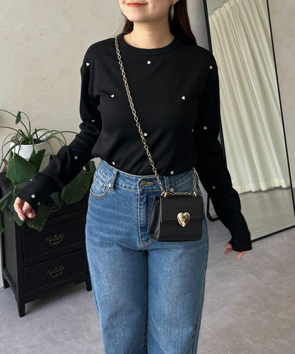 愛心刺繡羅紋長袖T恤