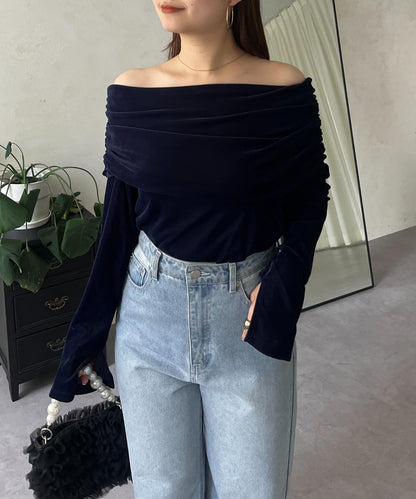袖開叉透視天鵝絨一字肩上衣