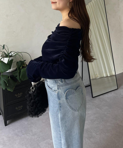 袖開叉透視天鵝絨一字肩上衣