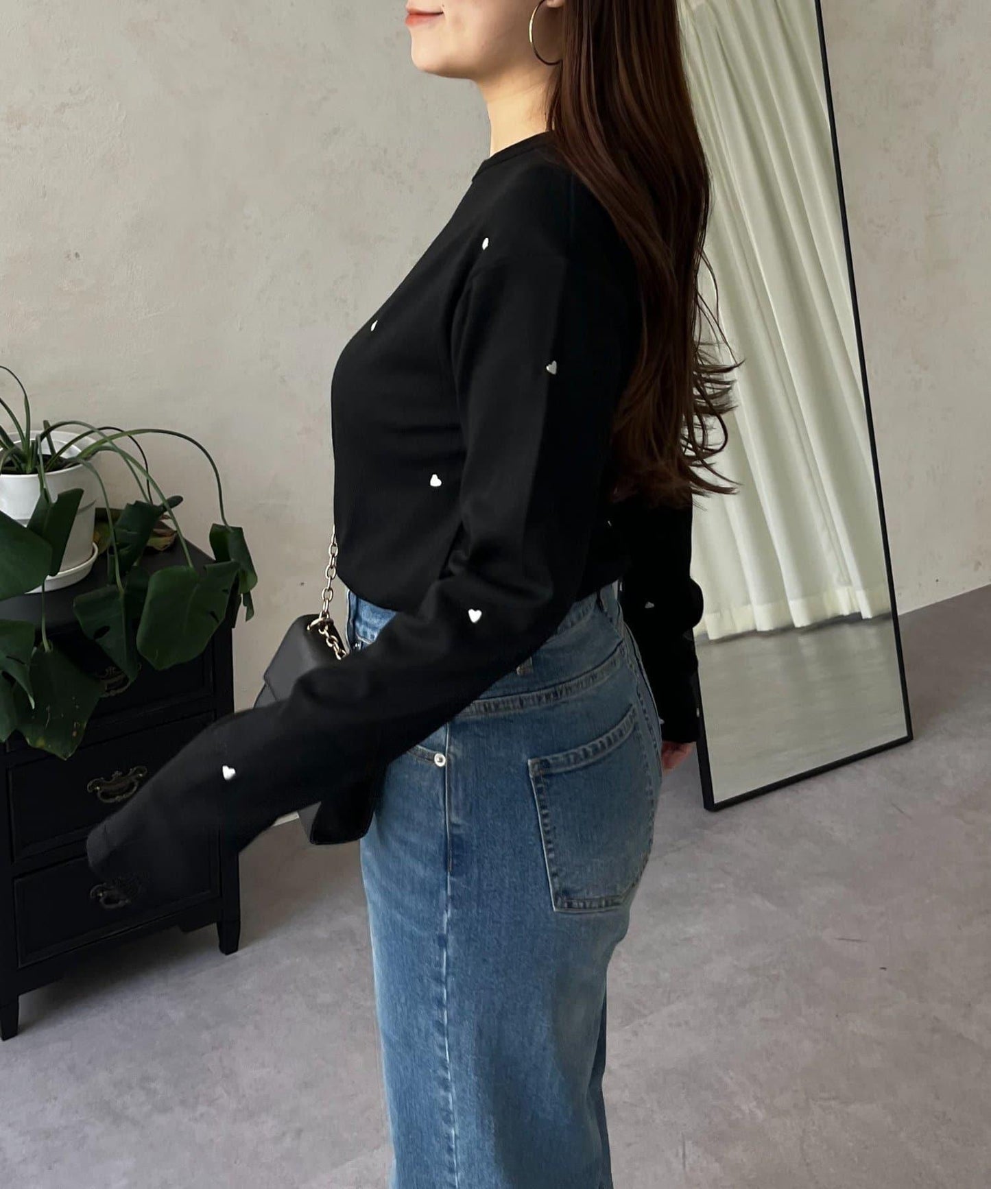 愛心刺繡羅紋長袖T恤