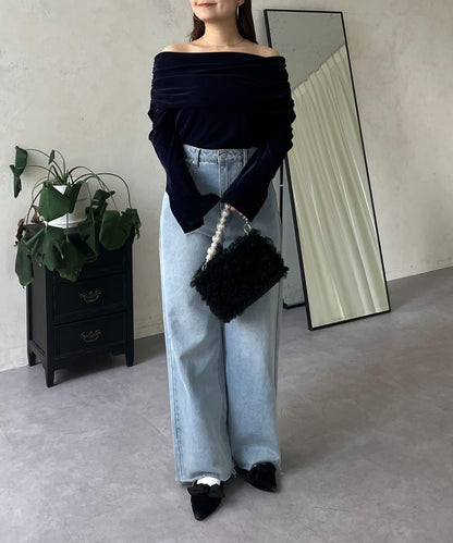 袖開叉透視天鵝絨一字肩上衣