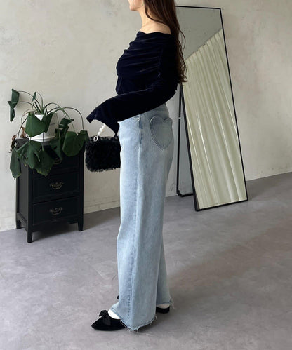 袖開叉透視天鵝絨一字肩上衣