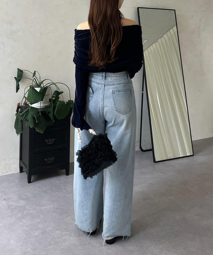 袖開叉透視天鵝絨一字肩上衣