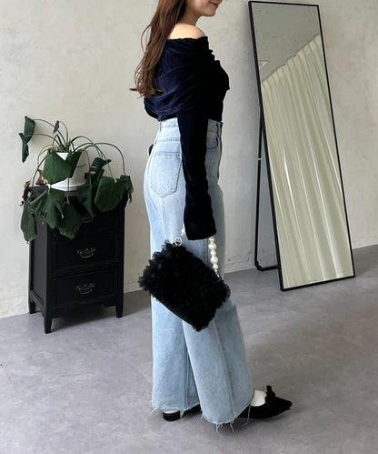 袖開叉透視天鵝絨一字肩上衣