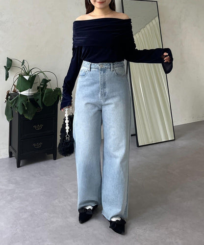 袖開叉透視天鵝絨一字肩上衣