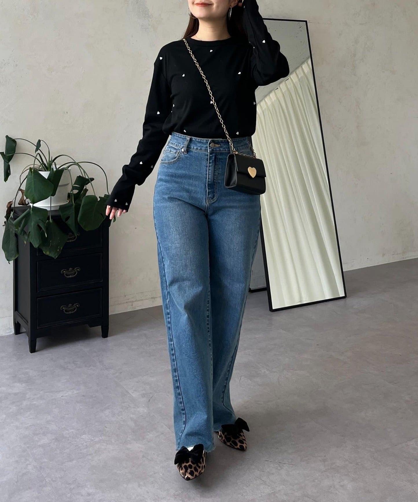 愛心刺繡羅紋長袖T恤