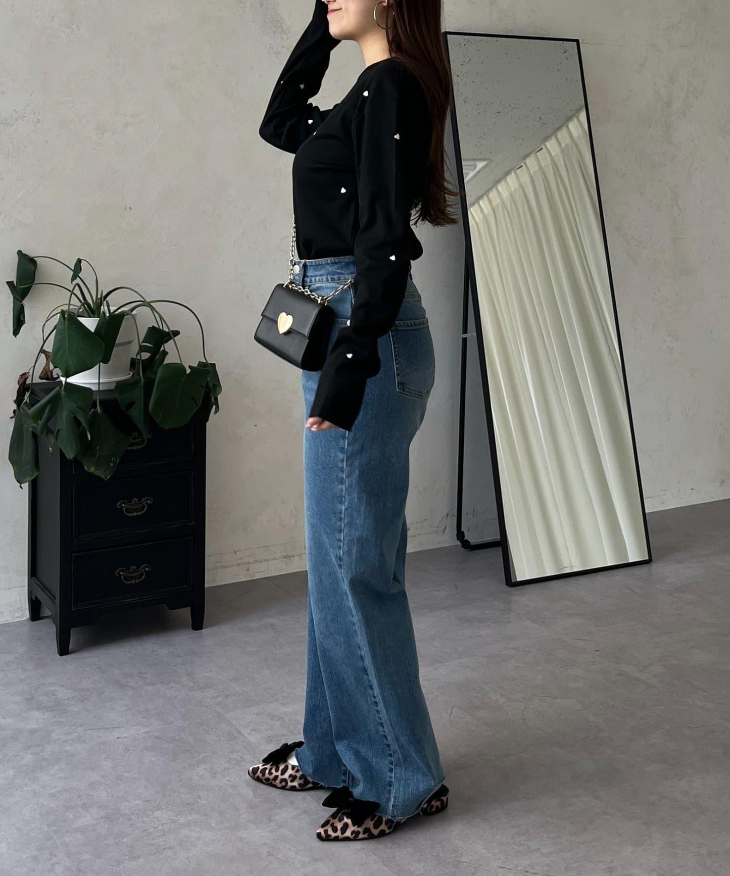 愛心刺繡羅紋長袖T恤