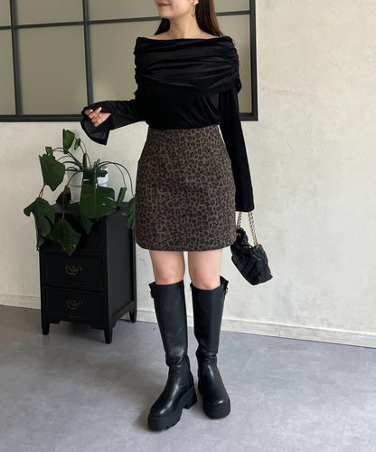 袖開叉透視天鵝絨一字肩上衣