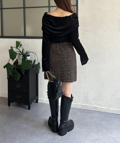 袖開叉透視天鵝絨一字肩上衣