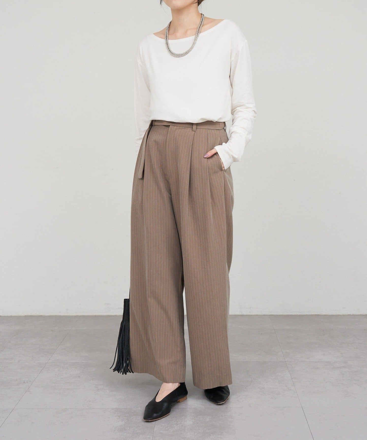雙褶條紋寬腿褲