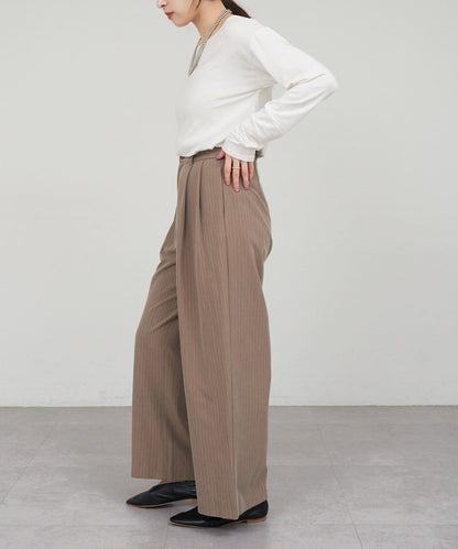 雙褶條紋寬腿褲