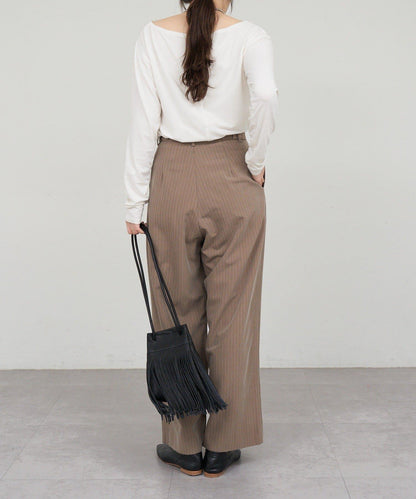 雙褶條紋寬腿褲