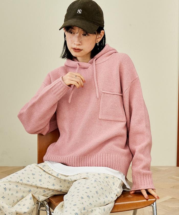 帶口袋針織連帽衫