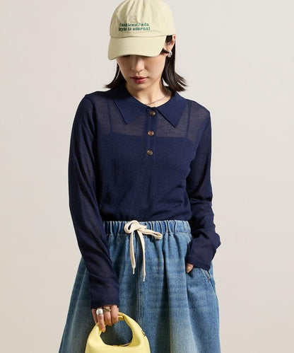 輕薄修身長袖翻領針織衫