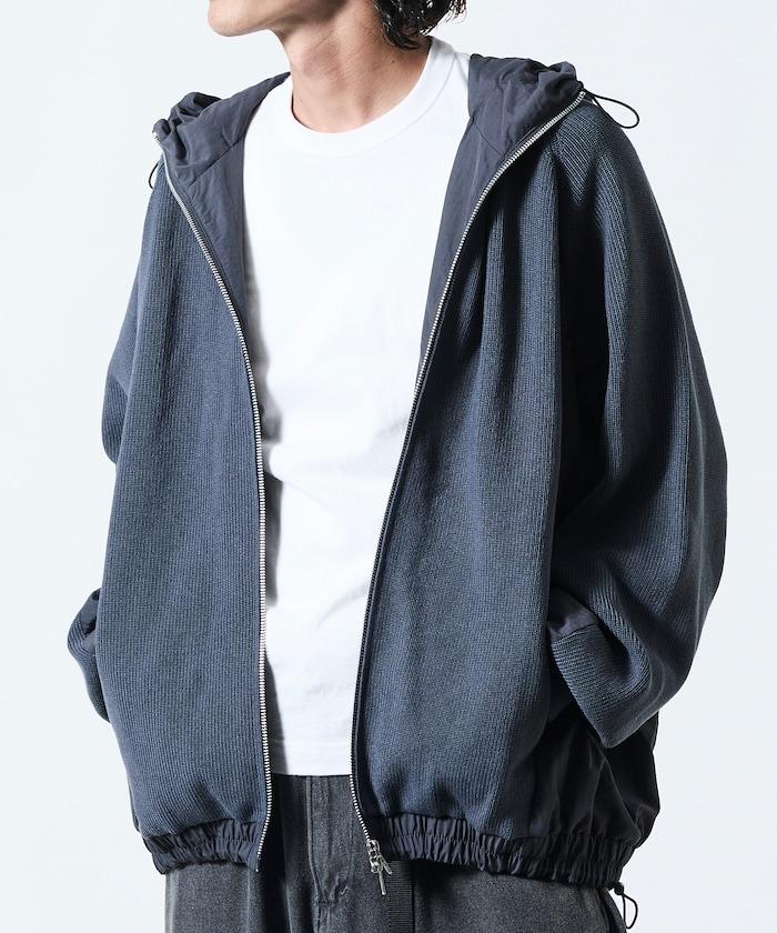 寬鬆版型尼龍拼接針織拉鍊連帽衫