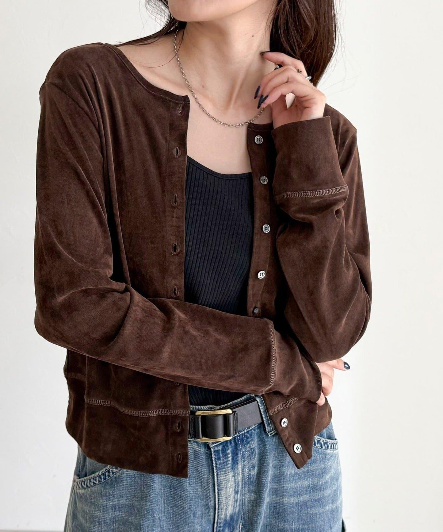 透視植絨短款開衫