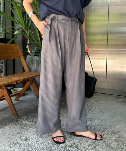 雙褶條紋寬腿褲