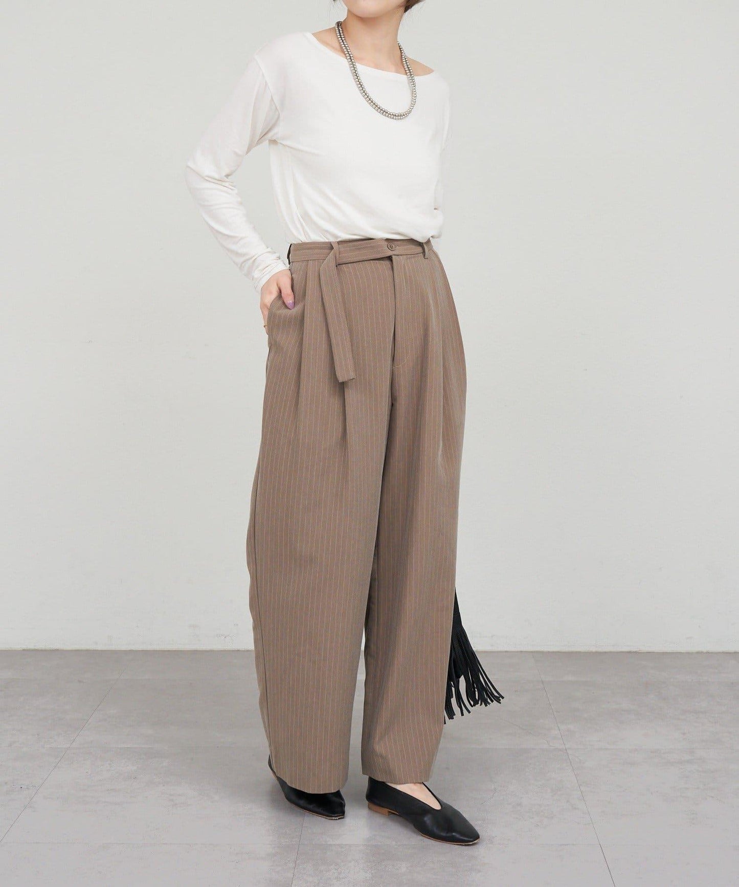 雙褶條紋寬腿褲