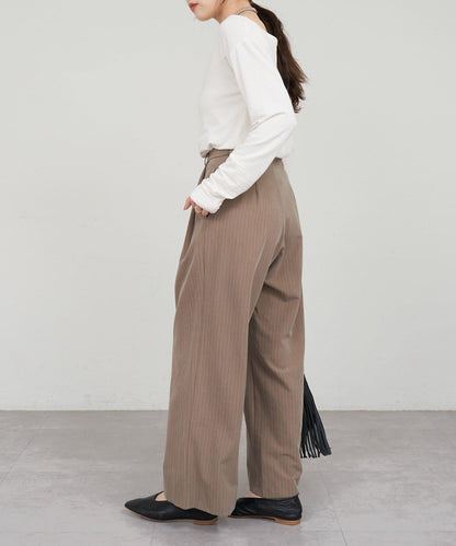 雙褶條紋寬腿褲