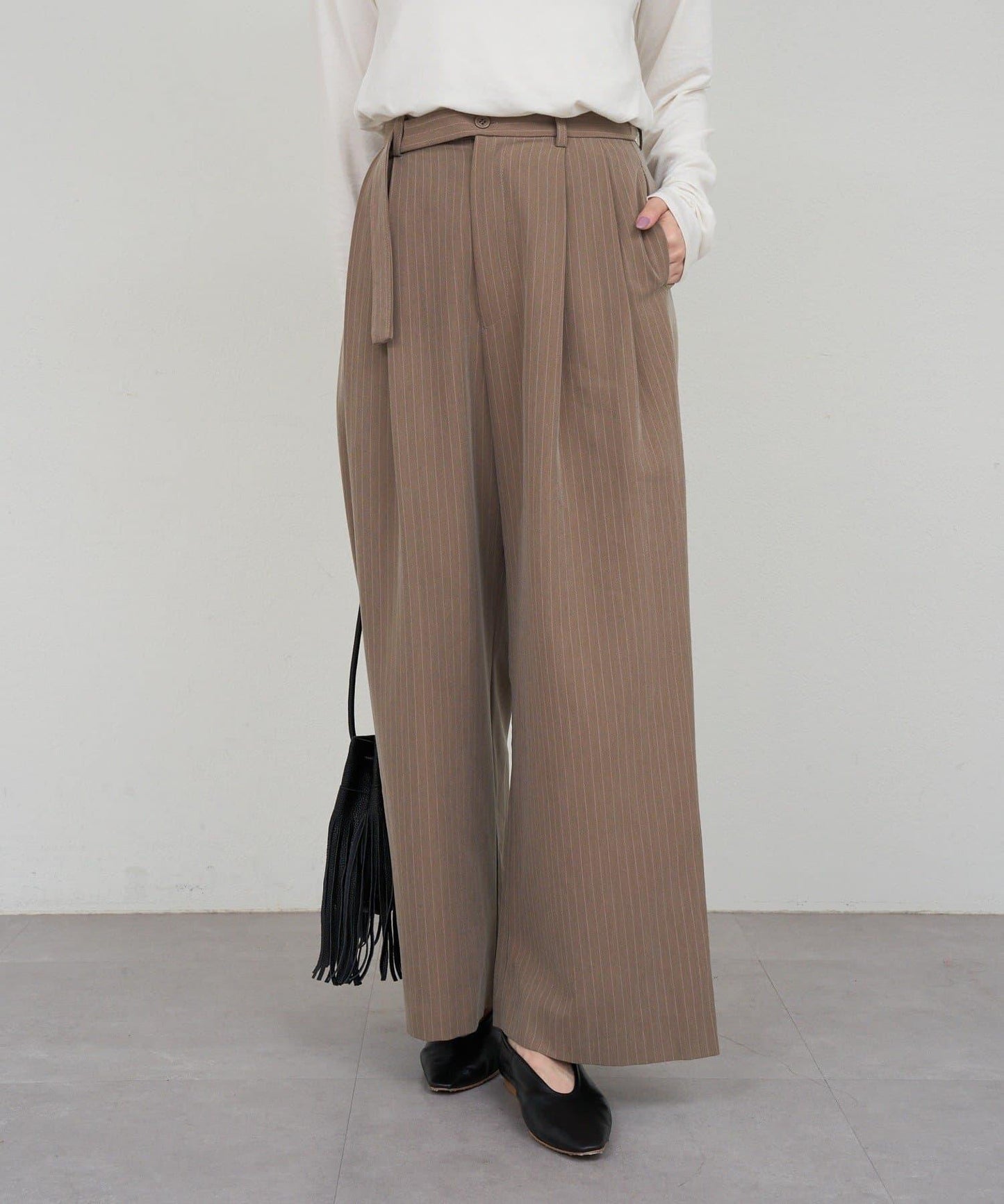 雙褶條紋寬腿褲