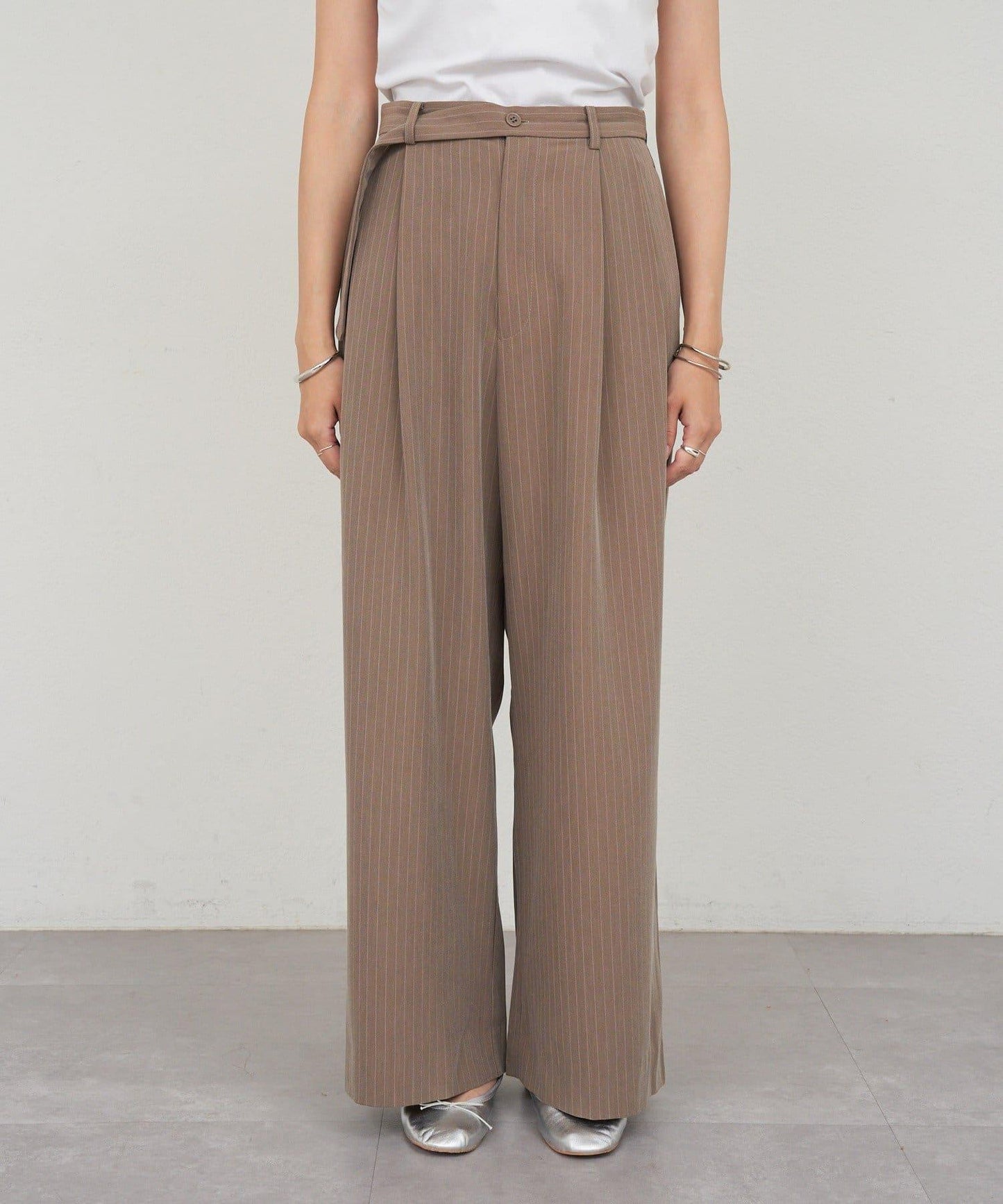 雙褶條紋寬腿褲