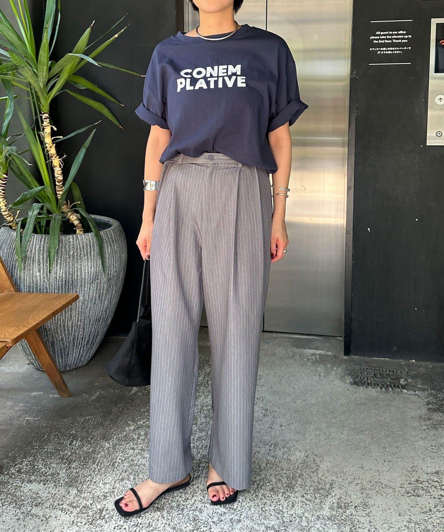 雙褶條紋寬腿褲