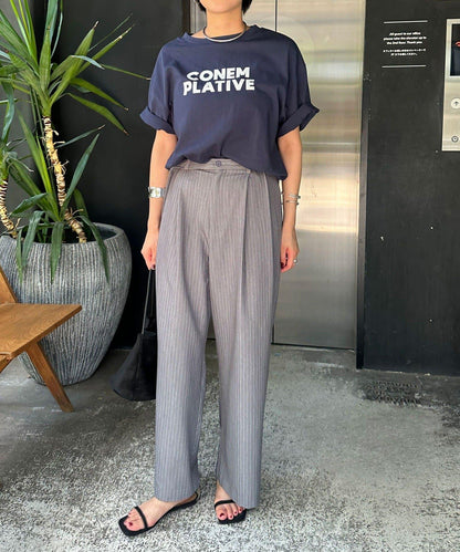 雙褶條紋寬腿褲