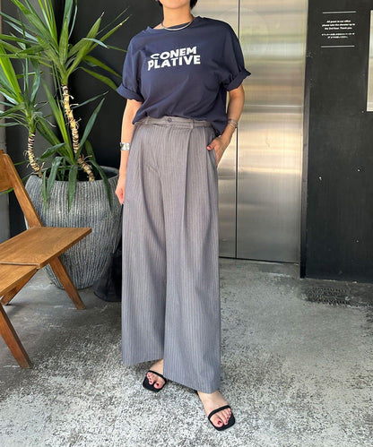 雙褶條紋寬腿褲