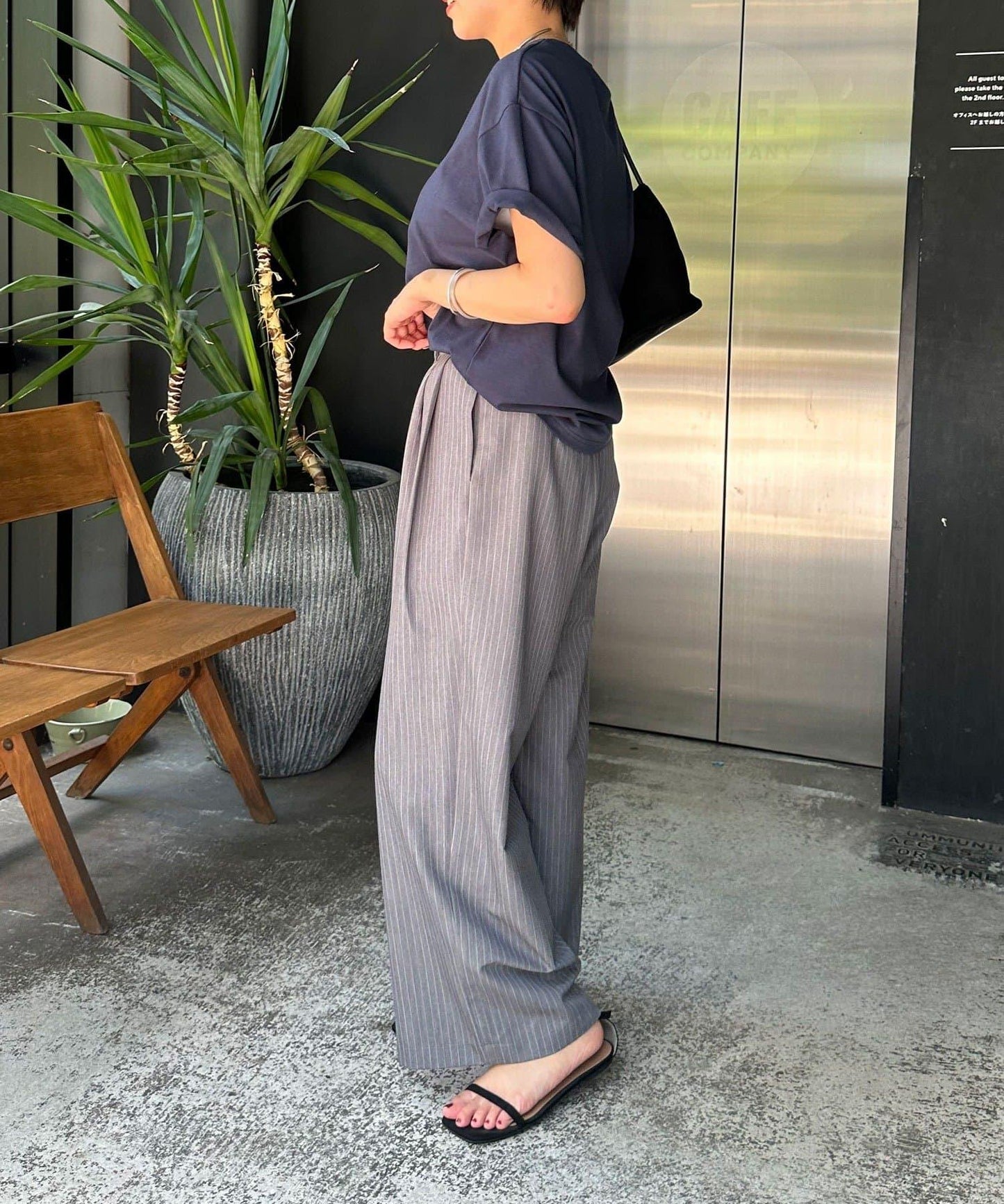 雙褶條紋寬腿褲