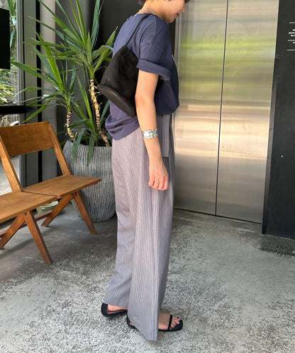 雙褶條紋寬腿褲