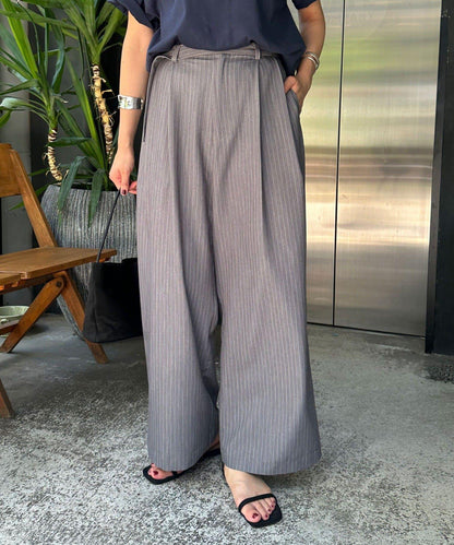 雙褶條紋寬腿褲